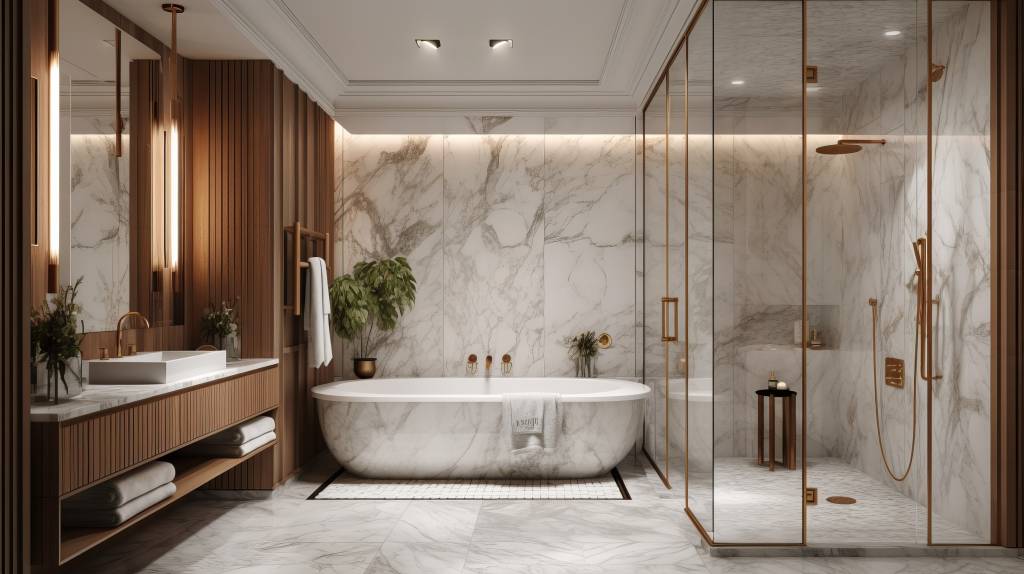 Lifestyle shot of a modern bathroom featuring marble-look acrylic panels with chrome fixtures.