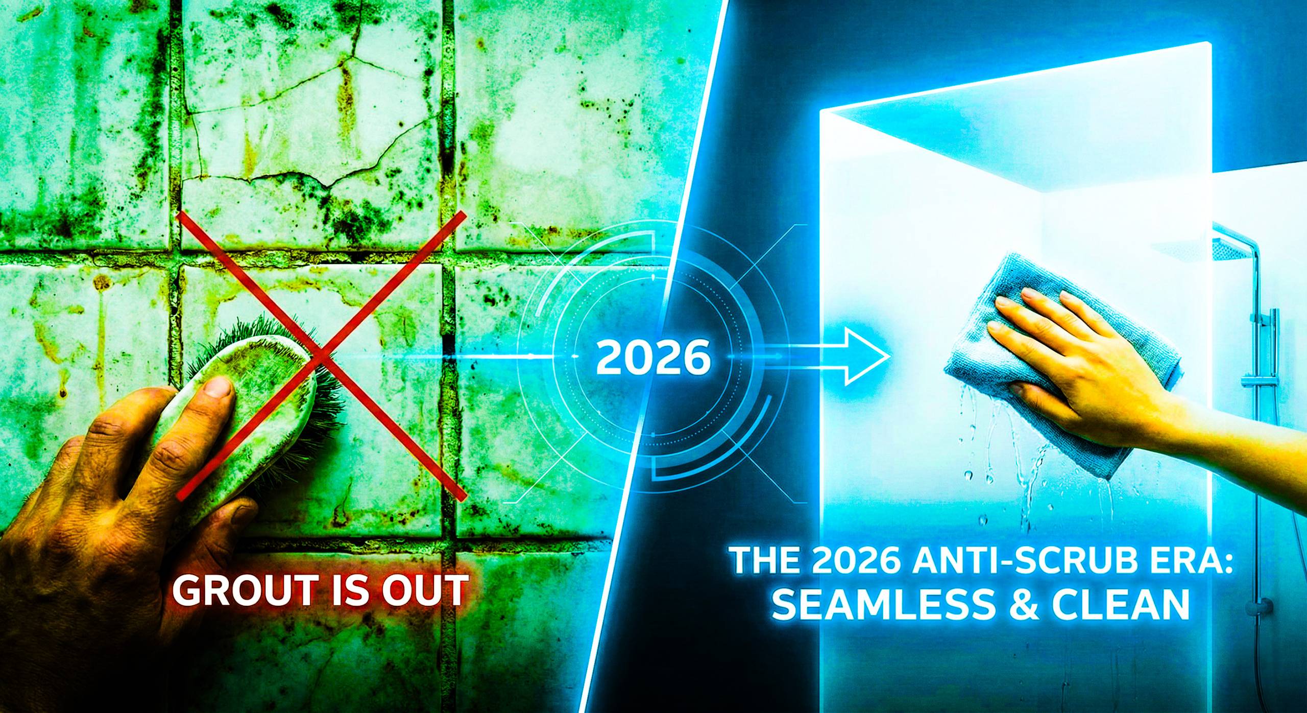 Infographic comparing a hand scrubbing dirty tile grout on the left, labeled "GROUT IS OUT," with a hand effortlessly wiping a clean, seamless wall panel on the right, labeled "THE 2026 ANTI-SCRUB ERA: SEAMLESS & CLEAN," connected by a "2026" arrow.