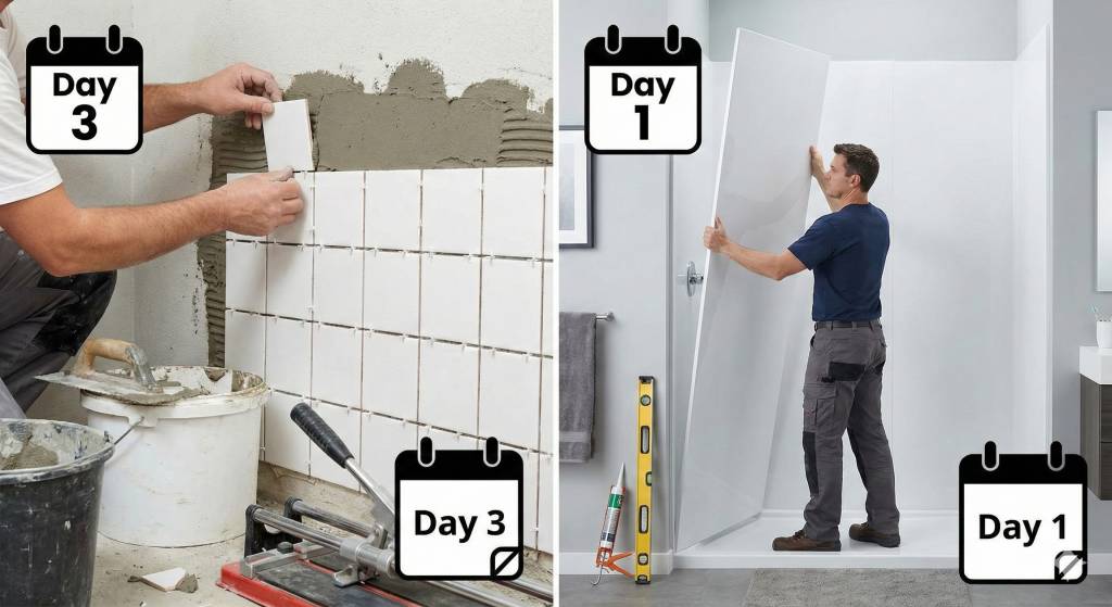 A split-screen image comparing shower installation. The left side shows a tiler painstakingly placing small white tiles with a "Day 3" calendar icon. The right side shows a single installer easily fitting a large white acrylic panel with a "Day 1" calendar icon, illustrating the speed difference.