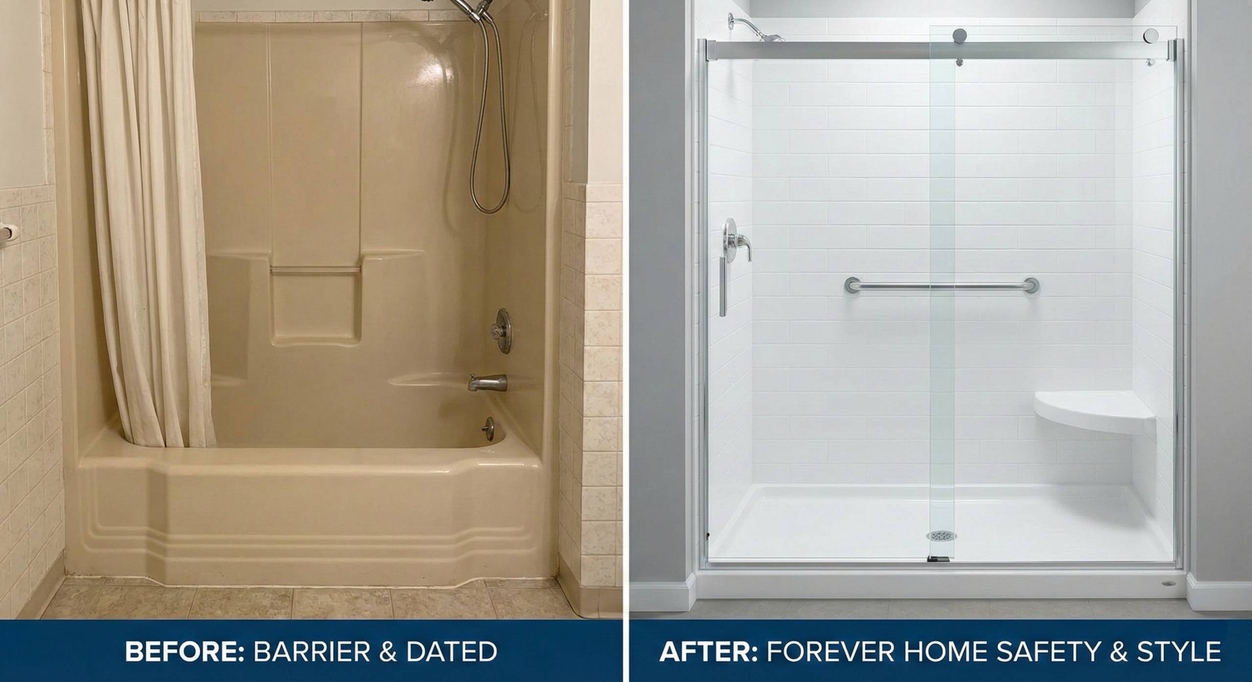 A split-screen comparison image. The left side shows an old, high-walled beige bathtub labeled "BEFORE: BARRIER & DATED." The right side shows a modern, bright white walk-in shower with a safety grab bar and seat, labeled "AFTER: FOREVER HOME SAFETY & STYLE.