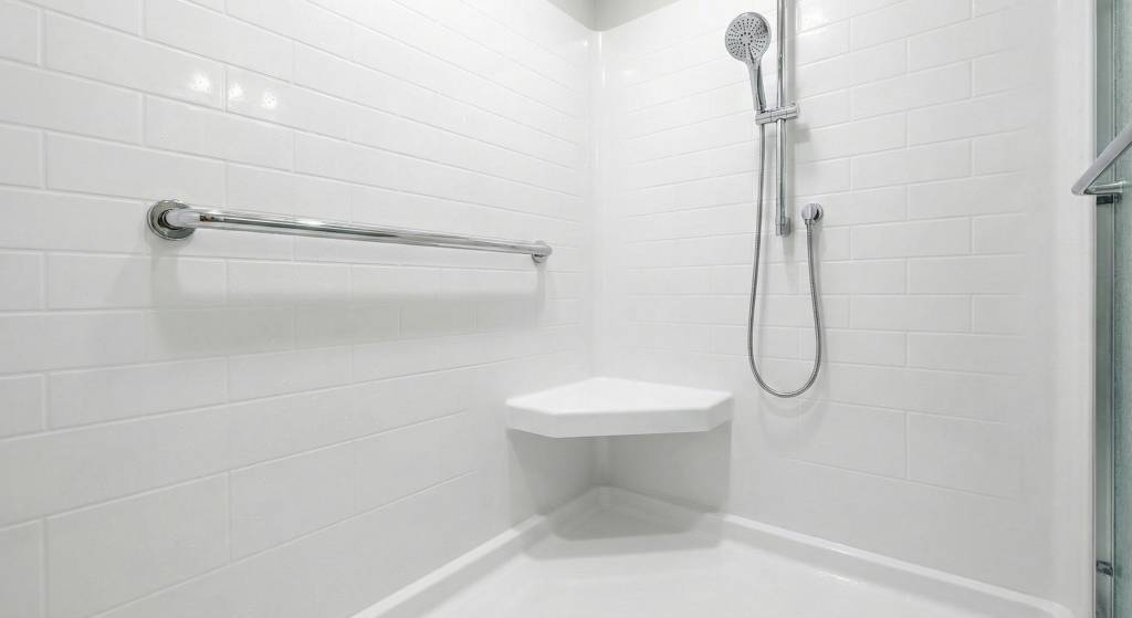 Close-up of a modern white walk-in shower featuring a chrome safety grab bar, built-in corner seat, and handheld showerhead against a subway tile pattern.
